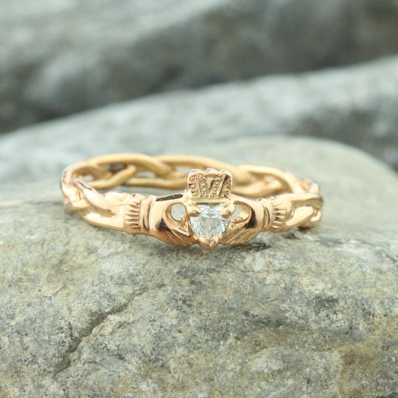 Diamond claddagh ring. 14K rose gold heart shaped diamond claddagh